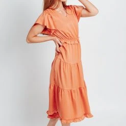 Piper & Scoot Dresses The Zenni Tiered Midi Dress In Peach