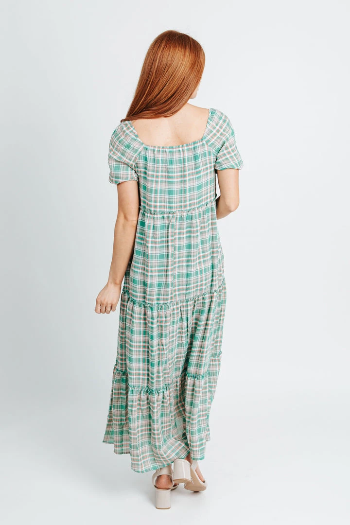 Piper & Scoot Dresses The Zora Plaid Puff Sleeve Maxi Dress In Kelly Green