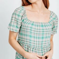 Piper & Scoot Dresses The Zora Plaid Puff Sleeve Maxi Dress In Kelly Green