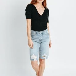 Piper & Scoot The Gianna High Rise Bermuda Shorts In Light Indigo Bottoms + Jumpsuits