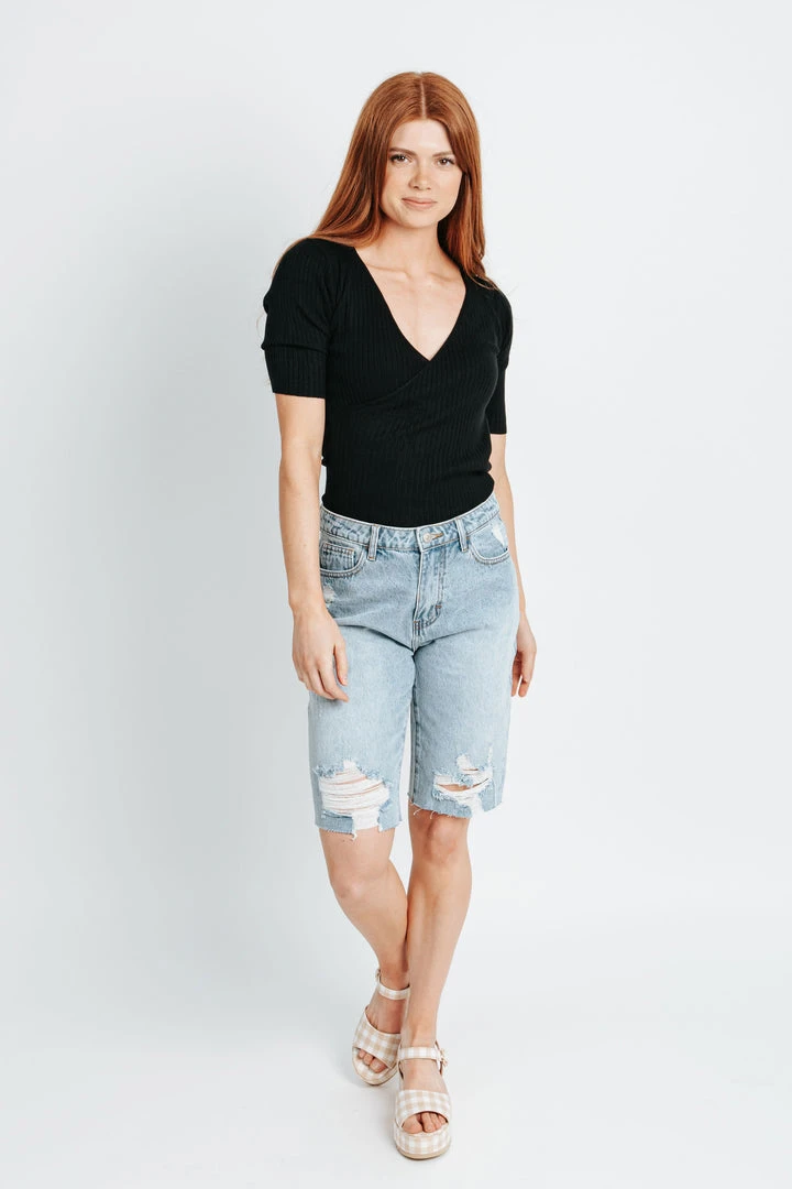 Piper & Scoot The Gianna High Rise Bermuda Shorts In Light Indigo Bottoms + Jumpsuits