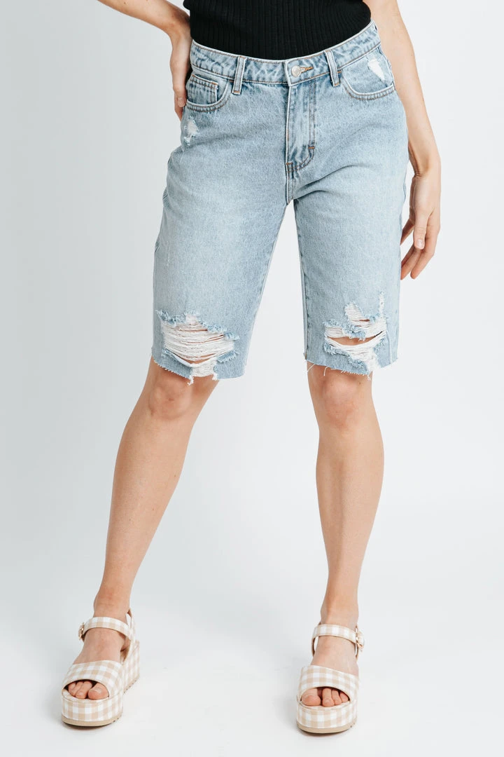 Piper & Scoot The Gianna High Rise Bermuda Shorts In Light Indigo Bottoms + Jumpsuits