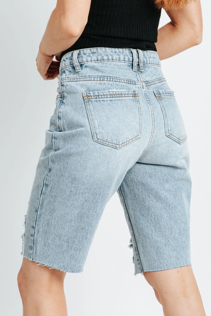 Piper & Scoot The Gianna High Rise Bermuda Shorts In Light Indigo Bottoms + Jumpsuits