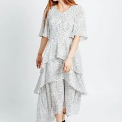 Piper & Scoot Dresses The Fiore Dot Tiered High-Low Maxi Dress In White + Black