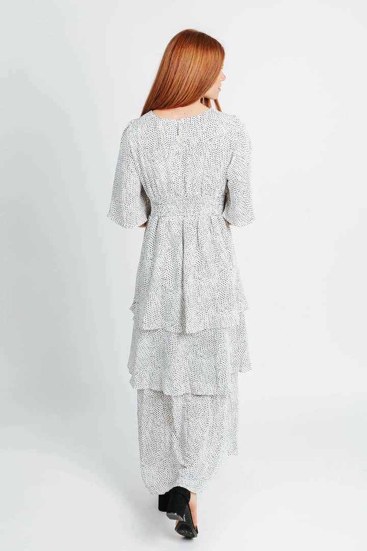 Piper & Scoot Dresses The Fiore Dot Tiered High-Low Maxi Dress In White + Black