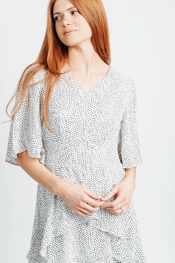 Piper & Scoot Dresses The Fiore Dot Tiered High-Low Maxi Dress In White + Black