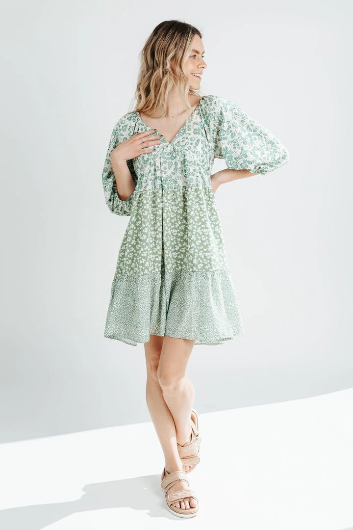 Piper & Scoot The Lesly Floral Puff Sleeve Dress In Green
