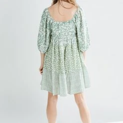 Piper & Scoot The Lesly Floral Puff Sleeve Dress In Green