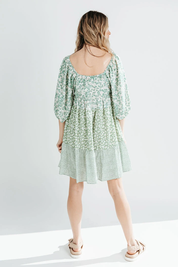 Piper & Scoot The Lesly Floral Puff Sleeve Dress In Green