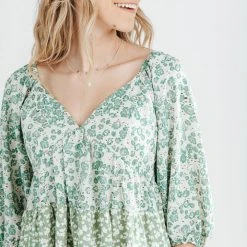 Piper & Scoot The Lesly Floral Puff Sleeve Dress In Green