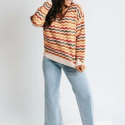 Piper & Scoot The Fornes Wave Detail Sweater In Orange Multi