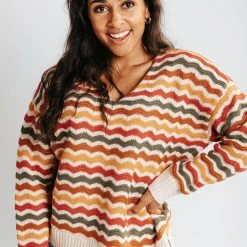 Piper & Scoot The Fornes Wave Detail Sweater In Orange Multi