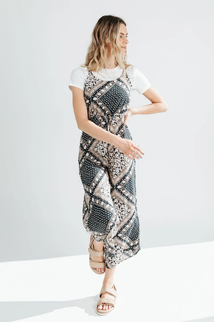 Piper & Scoot Bottoms + Jumpsuits The Beatrice Patterned Tank Jumpsuit In Navy