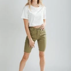 Piper & Scoot The Reina Stretched Denim Biker Shorts In Olive