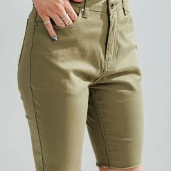 Piper & Scoot The Reina Stretched Denim Biker Shorts In Olive