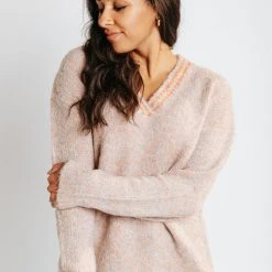 Piper & Scoot The Mable V-Neck Sweater In Light Brown Tops