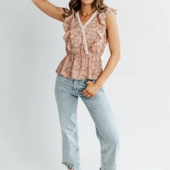 Piper & Scoot The Silas Faux Wrap Detail Blouse In Pink Floral Tops