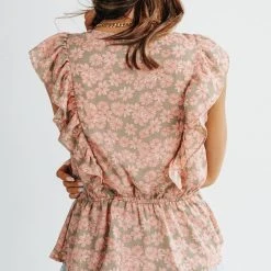 Piper & Scoot The Silas Faux Wrap Detail Blouse In Pink Floral Tops