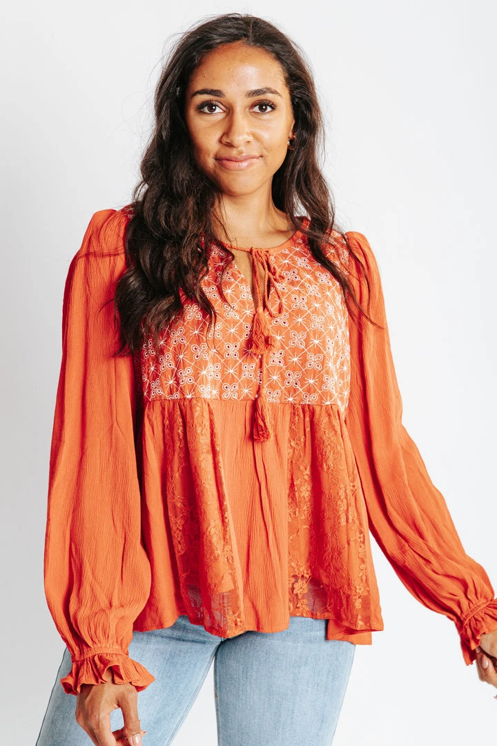Piper & Scoot The Kortni Embroidered Blouse In Rust
