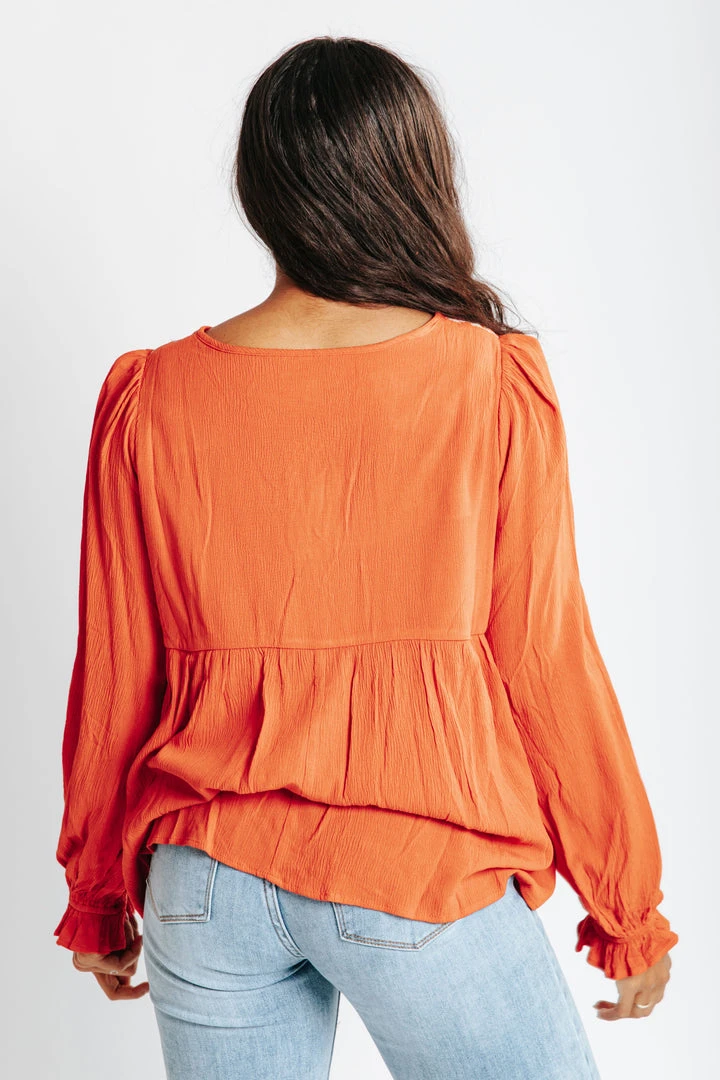 Piper & Scoot The Kortni Embroidered Blouse In Rust