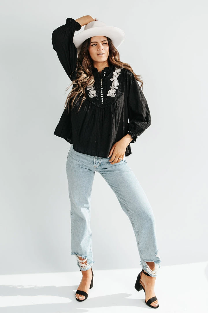 Piper & Scoot The Frankie Embroidered Peasant Blouse In Black