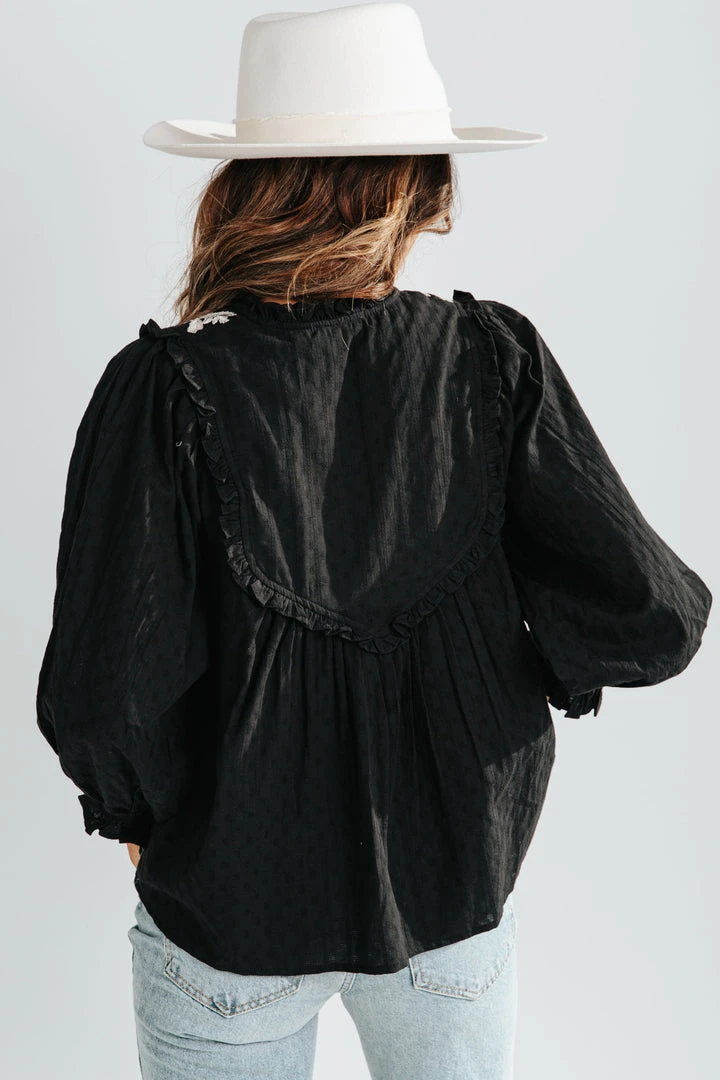 Piper & Scoot The Frankie Embroidered Peasant Blouse In Black