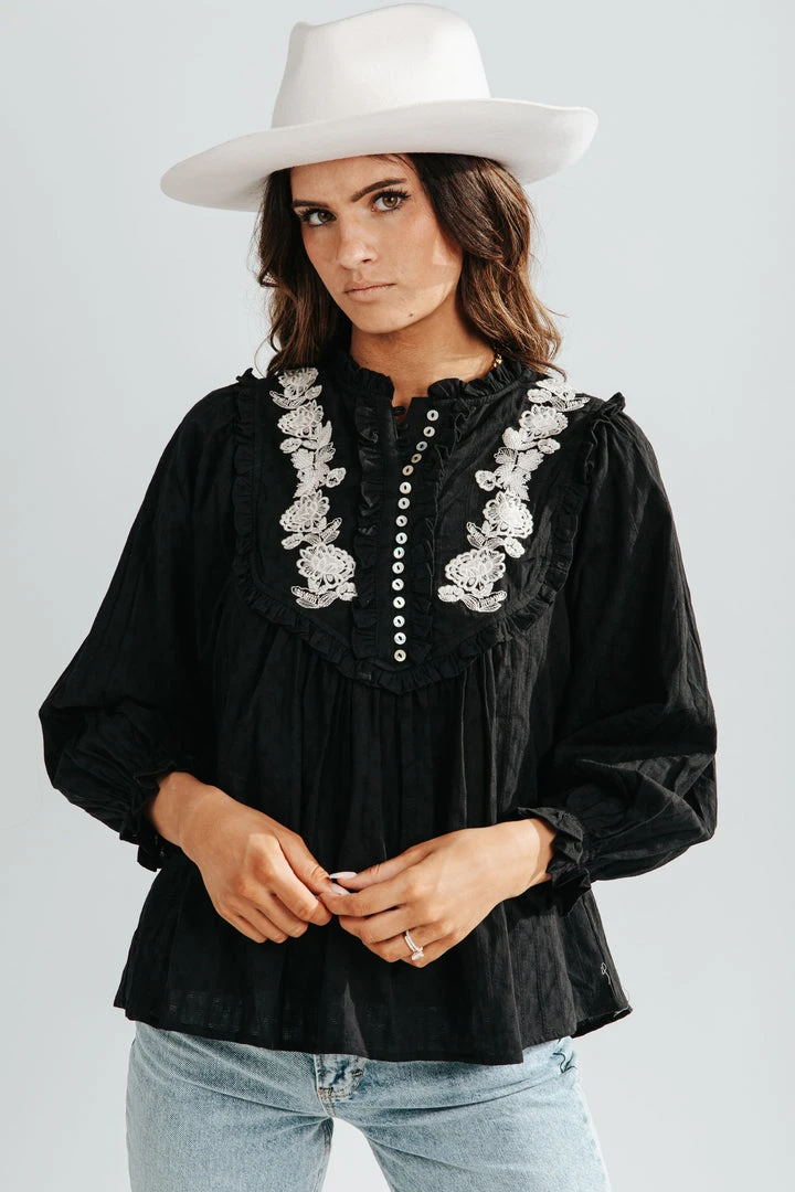 Piper & Scoot The Frankie Embroidered Peasant Blouse In Black