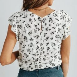 Piper & Scoot The Zola Flutter Sleeve Blouse In Black + Cream Floral