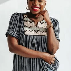 Piper & Scoot The Yates Patterned Blouse In Navy Tops