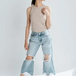Piper & Scoot Denim: The High Rise Crop Straight Jean In Medium Blue Bottoms + Jumpsuits