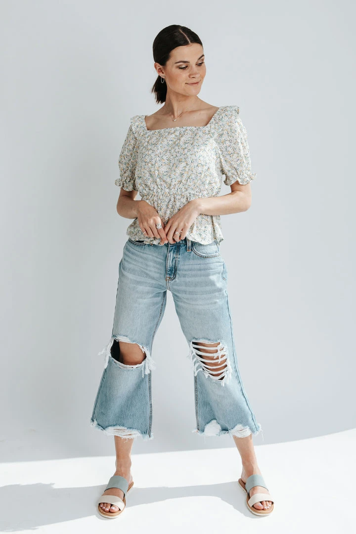 Piper & Scoot The Tien Ruffle Floral Peplum Top In Ivory Tops