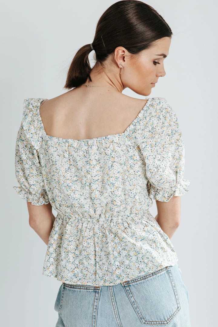 Piper & Scoot The Tien Ruffle Floral Peplum Top In Ivory Tops