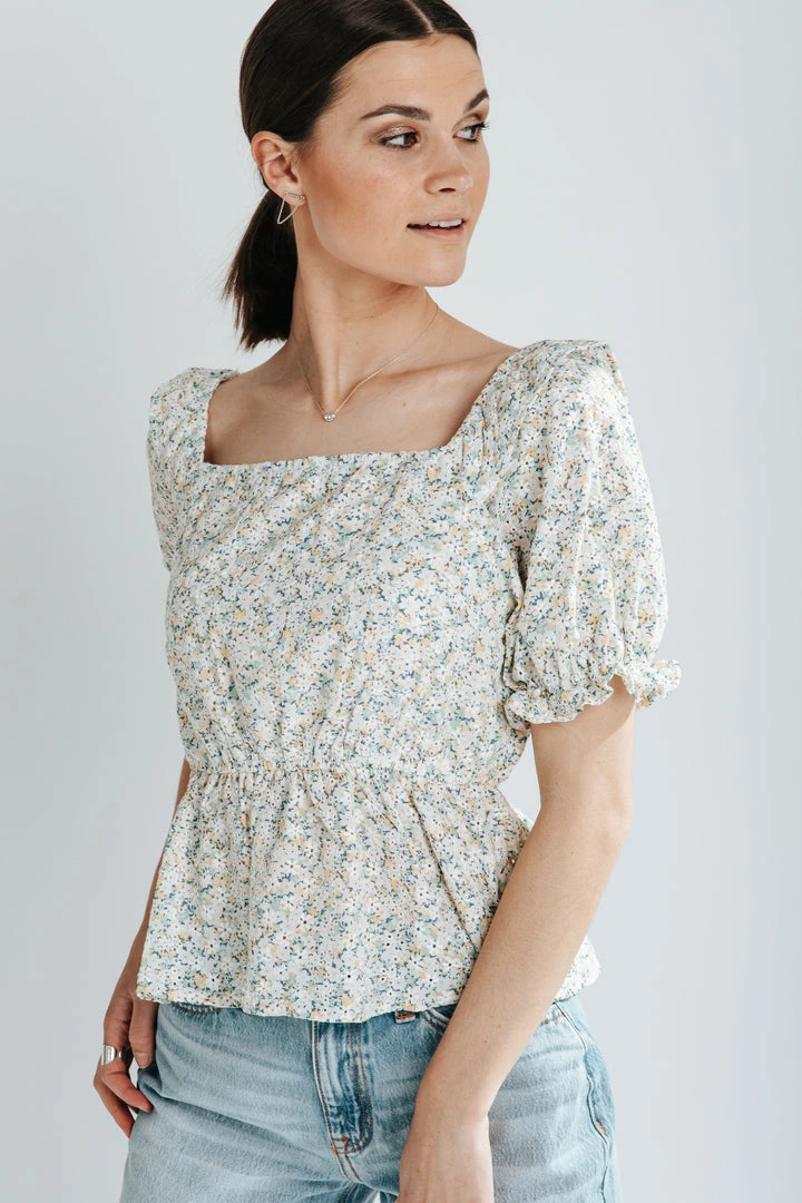 Piper & Scoot The Tien Ruffle Floral Peplum Top In Ivory Tops