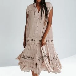 Piper & Scoot Dresses The Raelyn Button Down Maxi Dress In Khaki