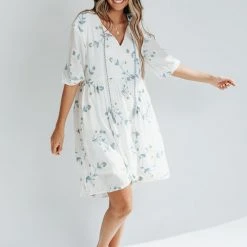 Piper & Scoot The Malula Embroidered Dress In Ivory + Blue