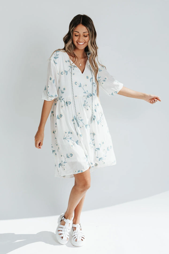 Piper & Scoot The Malula Embroidered Dress In Ivory + Blue