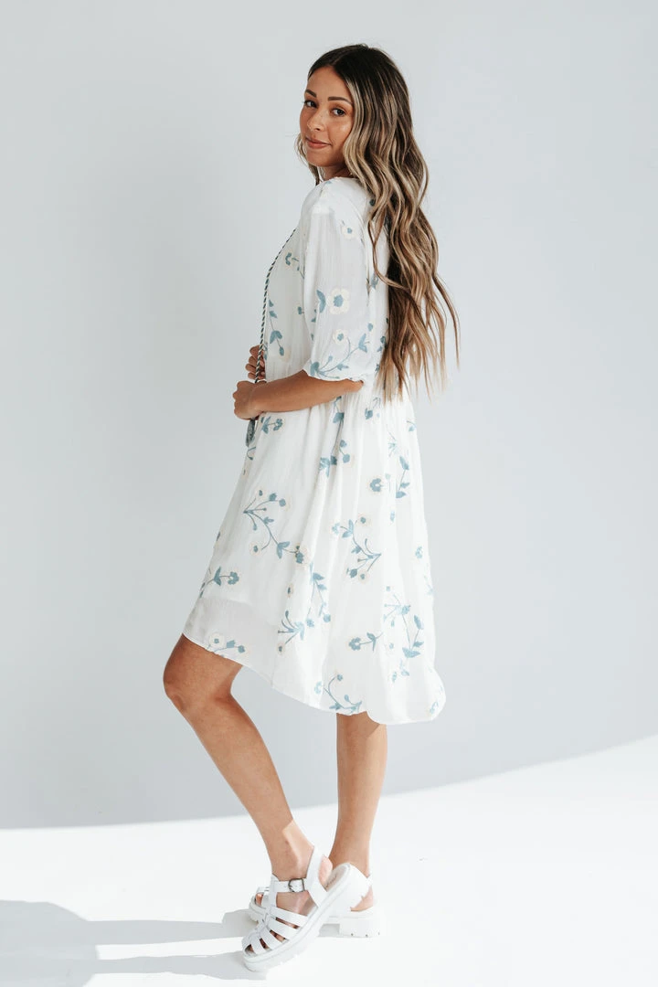 Piper & Scoot The Malula Embroidered Dress In Ivory + Blue