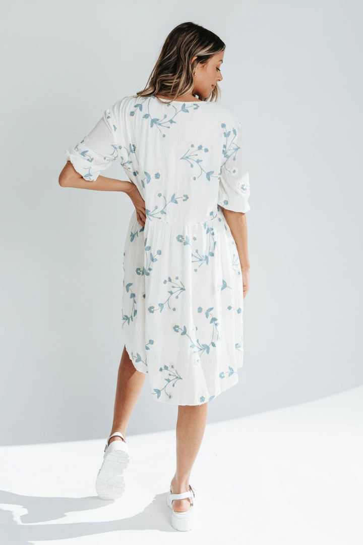 Piper & Scoot The Malula Embroidered Dress In Ivory + Blue