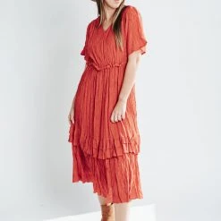 Piper & Scoot Dresses The Alyssa Ruffle Detailed Dress In Brick