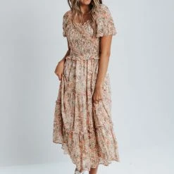 Piper & Scoot The Zale Smocked Midi Dress In Pink Floral