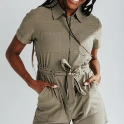 Piper & Scoot The Della Zip Front Short Overall In Olive