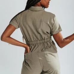 Piper & Scoot The Della Zip Front Short Overall In Olive
