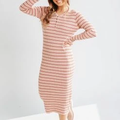 Piper & Scoot Dresses The Bacher Striped Midi Dress In Dusty Pink