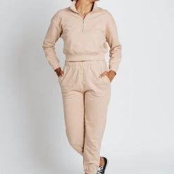 Piper & Scoot The Frida Half Zip Pullover In Tan Tops