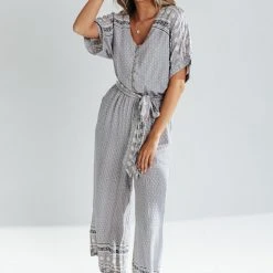 Piper & Scoot The Stutz Patterned Jumpsuit In Denim Blue Bottoms + Jumpsuits