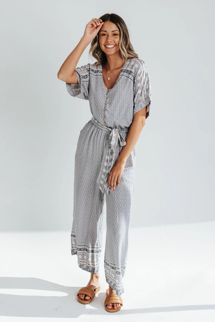 Piper & Scoot The Stutz Patterned Jumpsuit In Denim Blue Bottoms + Jumpsuits