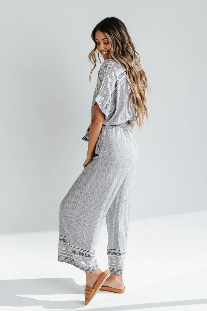 Piper & Scoot The Stutz Patterned Jumpsuit In Denim Blue Bottoms + Jumpsuits