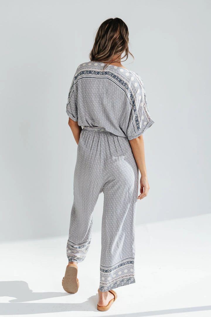 Piper & Scoot The Stutz Patterned Jumpsuit In Denim Blue Bottoms + Jumpsuits