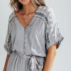 Piper & Scoot The Stutz Patterned Jumpsuit In Denim Blue Bottoms + Jumpsuits