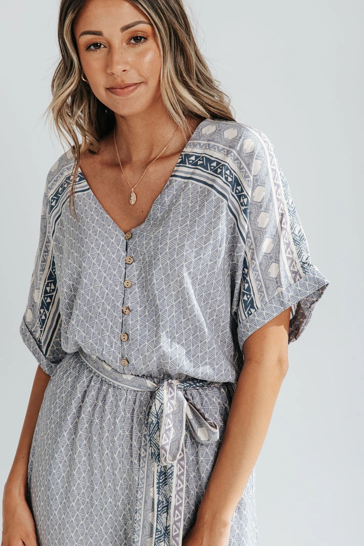 Piper & Scoot The Stutz Patterned Jumpsuit In Denim Blue Bottoms + Jumpsuits